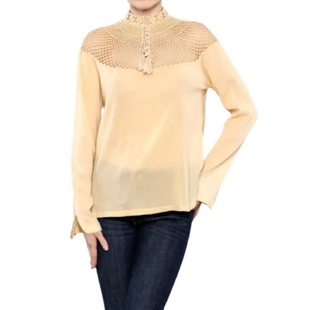 fp S Pale Yellow On The Island Crochet Yoke High Neck Sheer Mesh Bell Sleeve Top